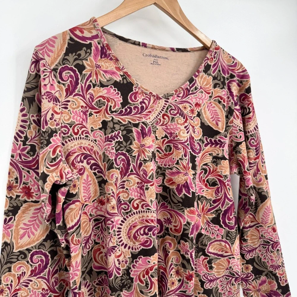 Croft & Barrow Autumn Toned Floral Paisley V-Neck Long Sleeve Shirt Women's PXl - Picture 2 of 11